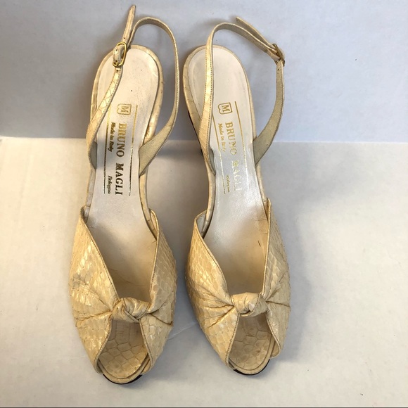 Vintage Bruno Magli Made in Italy Cream Snake Skin Peeptoe Slingback Heels - Picture 2 of 9
